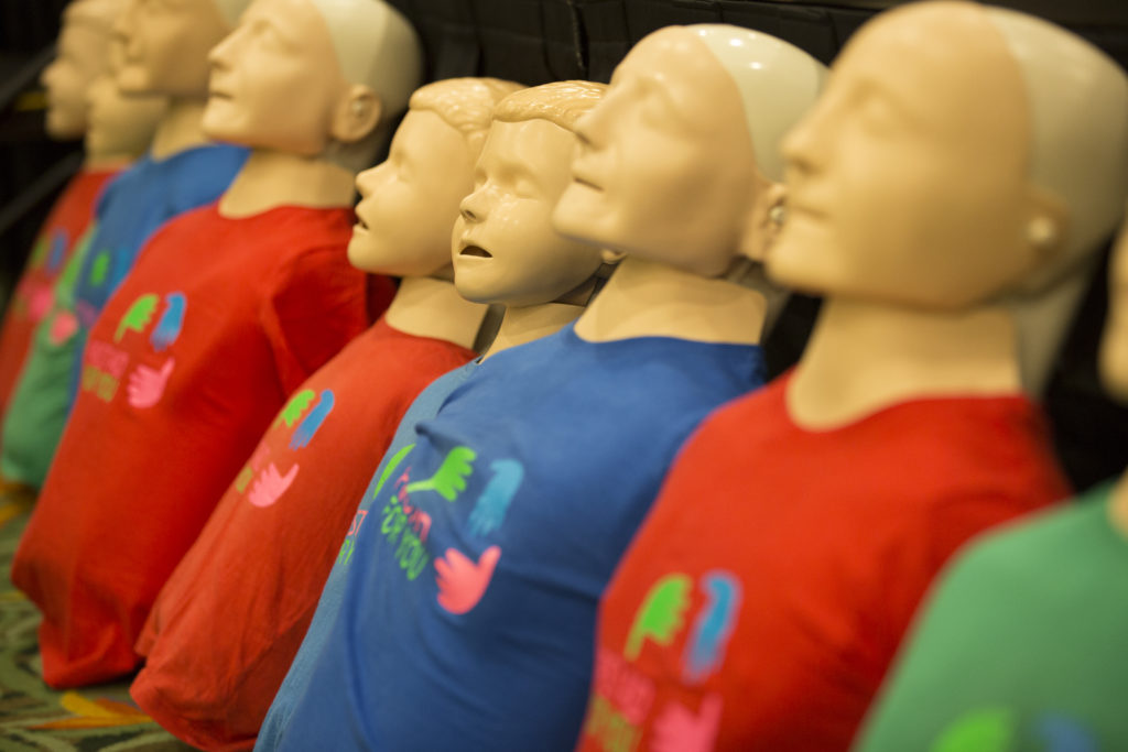Line up of first aid CPR mannequins