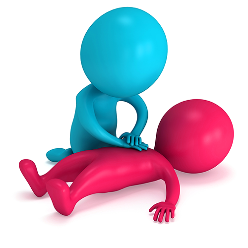 Stock image of blue cartoon man performing CPR on pink cartoon man